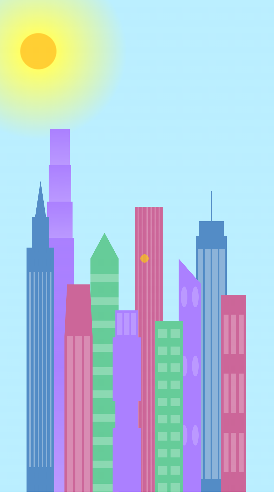 Colorful daytime city skyline made with CSS-generated buildings