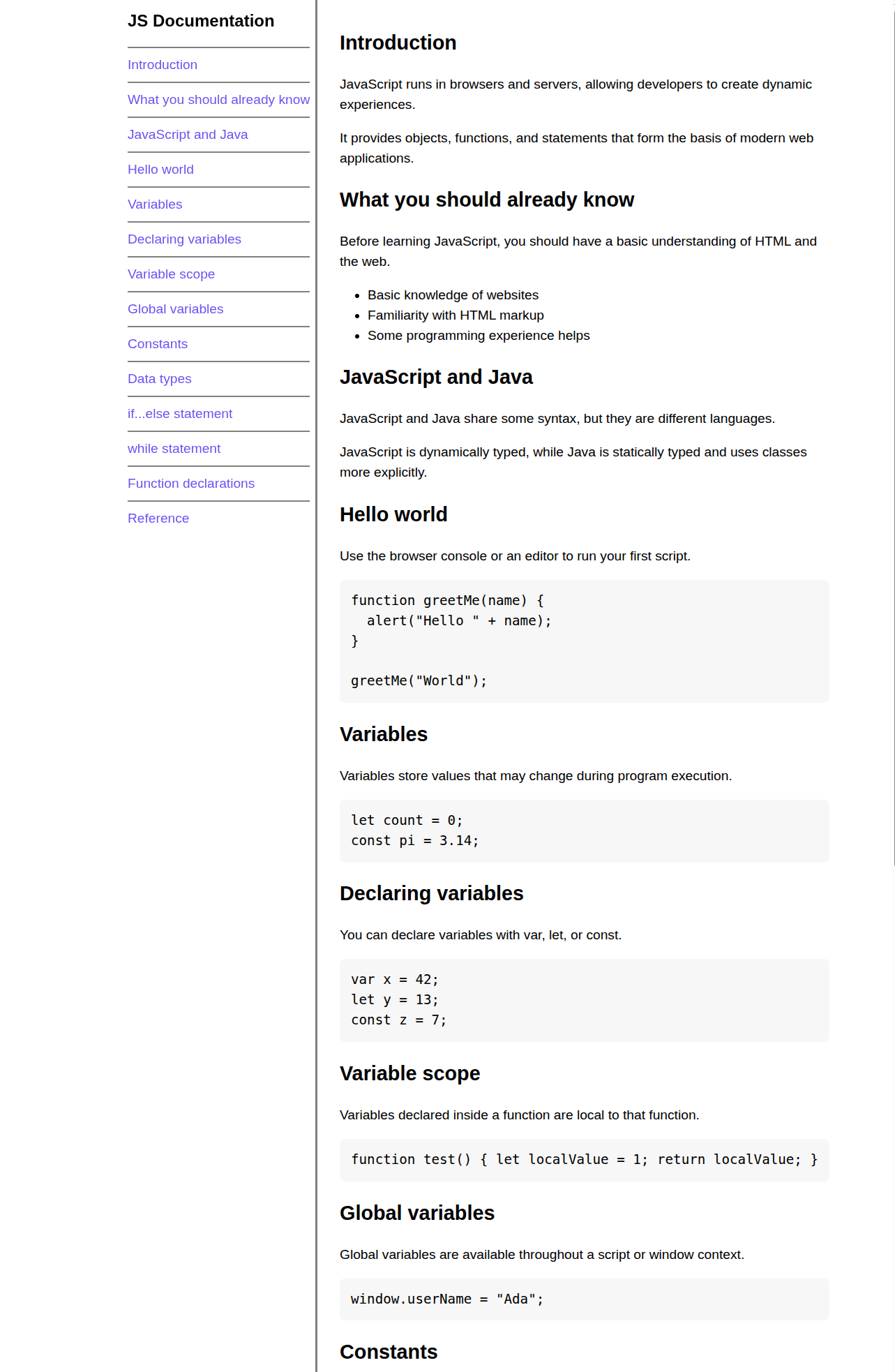 Desktop preview of the JavaScript technical documentation page