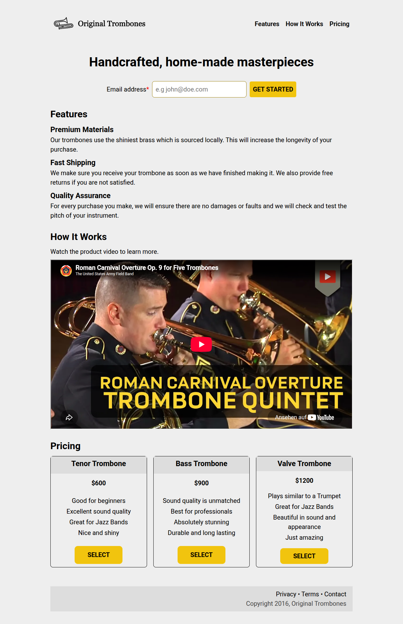 Desktop preview of the Original Trombones product landing page