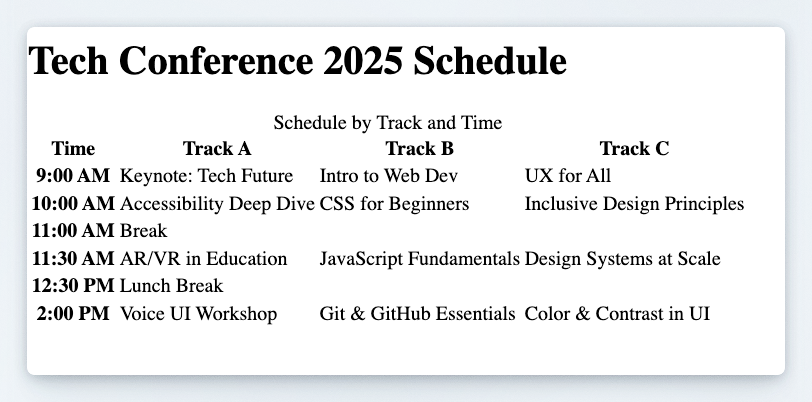 Preview of the Tech Conference 2025 schedule table